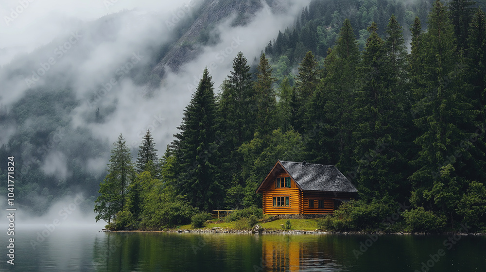 Cozy cabin by a serene lake surrounded by pine trees and misty mountains Cozy cabin by a serene lake surrounded by pine trees and misty mountains