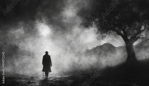 Silhouette of man walking through a misty path with tall mountains and a large tree in the background .