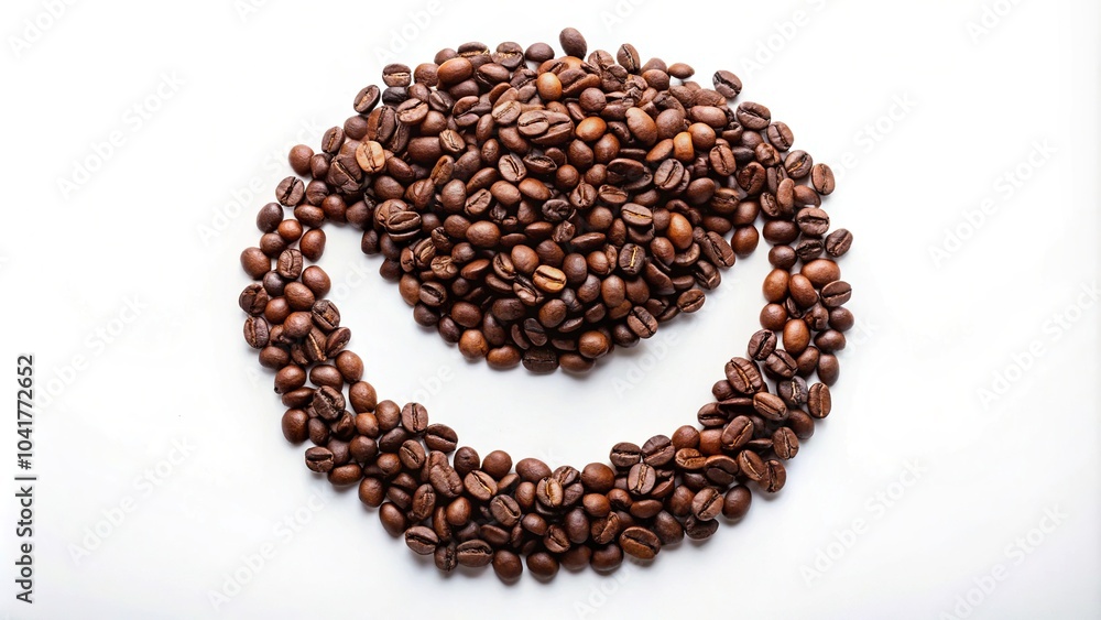 Cheerful smiley face made of coffee beans isolated on white background Cheerful smiley face made of coffee beans isolated on white background
