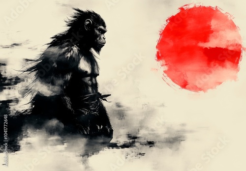 Silhouetted ape standing against a large red sun with a cloudy background .