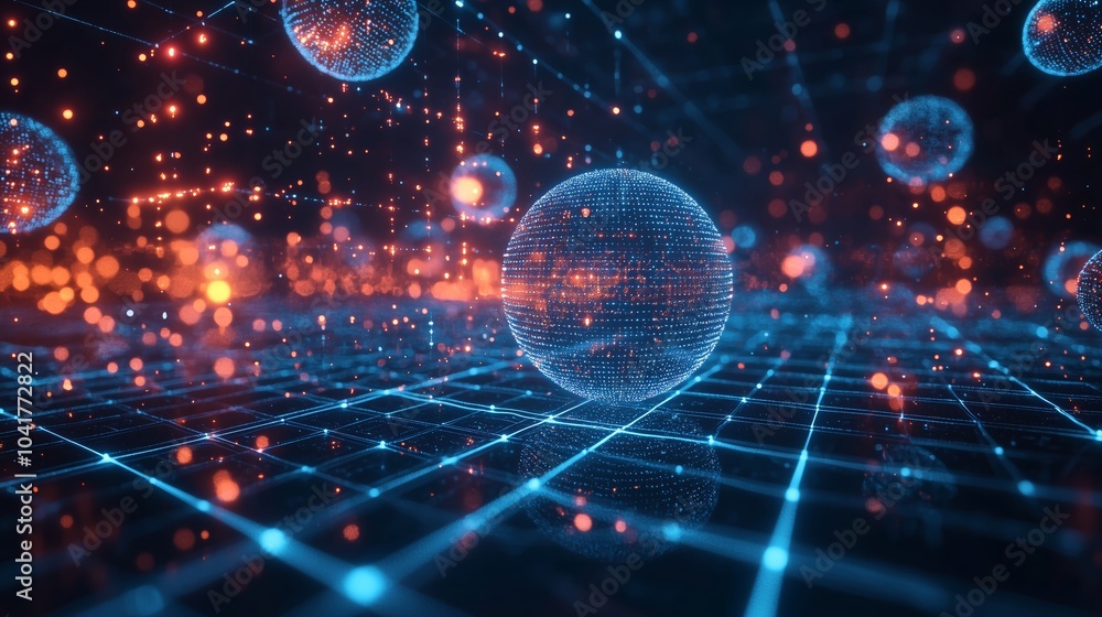 Holographic Grid with Glowing Lines and Spheres Holographic Grid with Glowing Lines and Spheres
