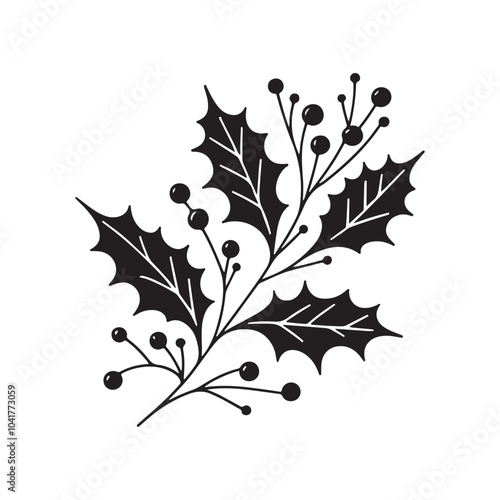 Christmas Holly Berry and Mistletoe Icon Silhouettes - White Background.