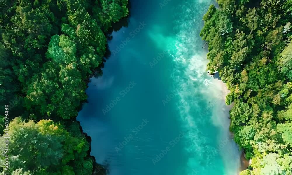 Aerial view of a serene river surrounded by lush green foliage. Aerial view of a serene river surrounded by lush green foliage.