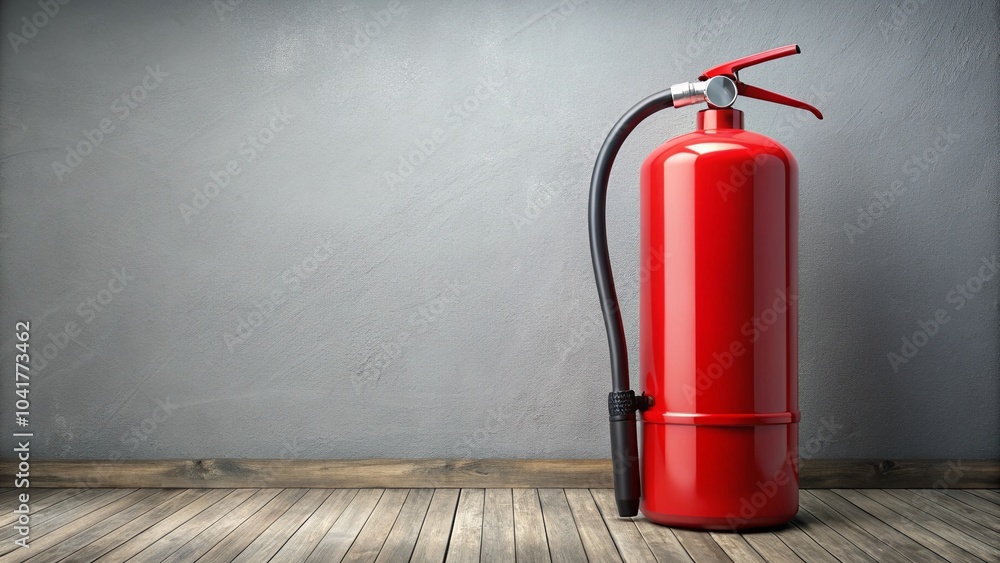 Bright Red Fire Extinguisher for Fire Safety with Trigger Mechanism and Hose Against Neutral Background Bright Red Fire Extinguisher for Fire Safety with Trigger Mechanism and Hose Against Neutral Background