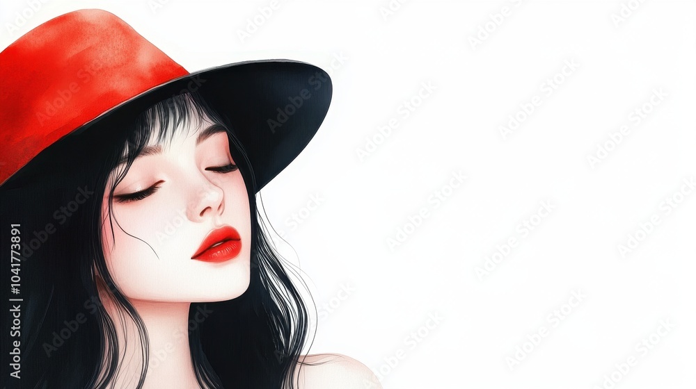 Portrait of a woman in a red hat, exuding elegance and sophistication against a white background. Portrait of a woman in a red hat, exuding elegance and sophistication against a white background.