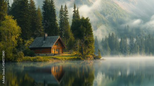 Cozy cabin by a serene lake surrounded by pine trees and misty mountains