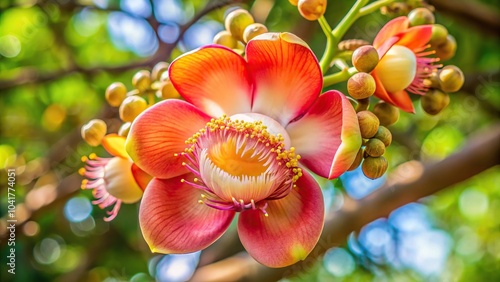 Canonball flower blooming on tree photo