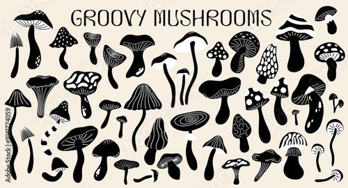 Set of various abstract monochrome mushrooms in retro cartoon groovy hippie funky style. Different types of fungi vector illustration elements for design. shrooms stickers big collection