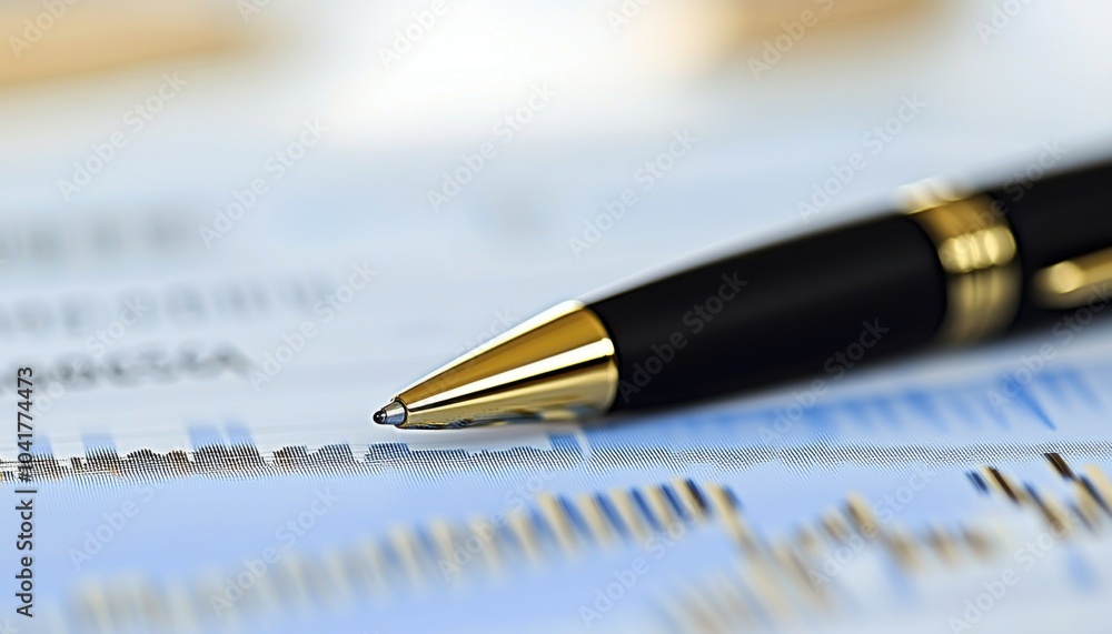 A close-up of a pen resting on a financial report, suggesting analysis or business planning. A close-up of a pen resting on a financial report, suggesting analysis or business planning.
