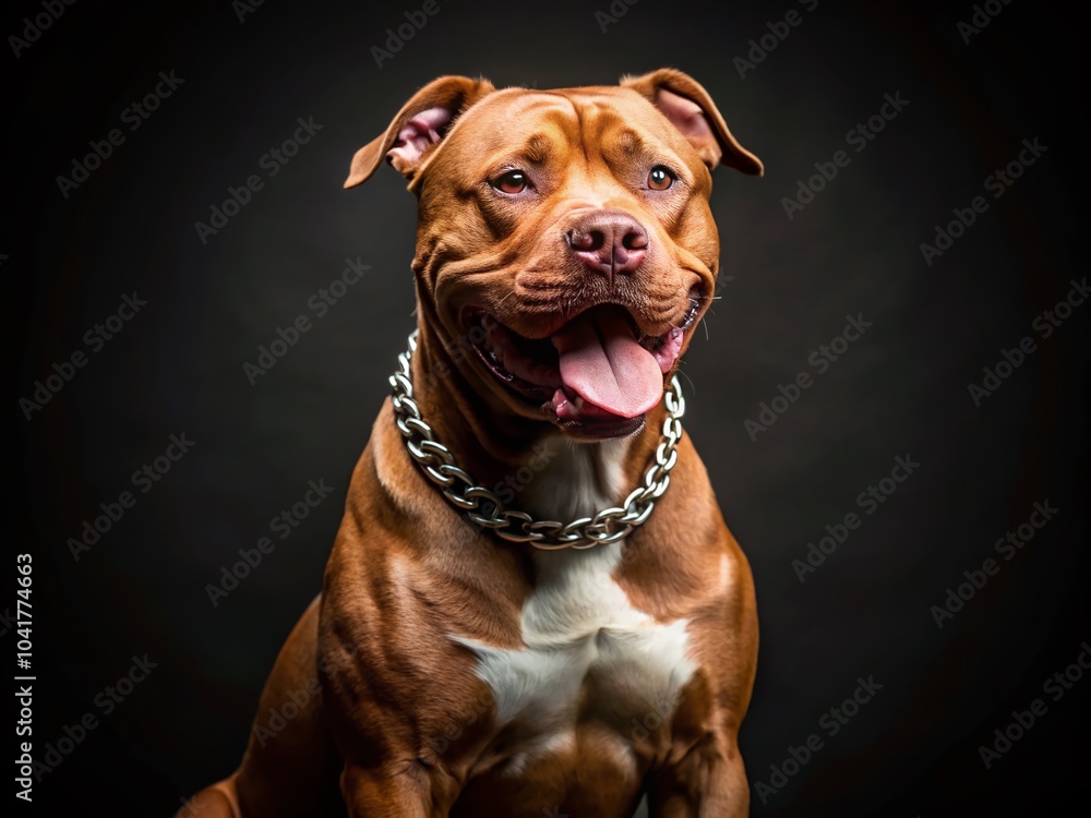 Brown Pit Bull Terrier Dog with Silver Chain Collar Against Black Background - Stunning Pet Portrait Photography Brown Pit Bull Terrier Dog with Silver Chain Collar Against Black Background - Stunning Pet Portrait Photography