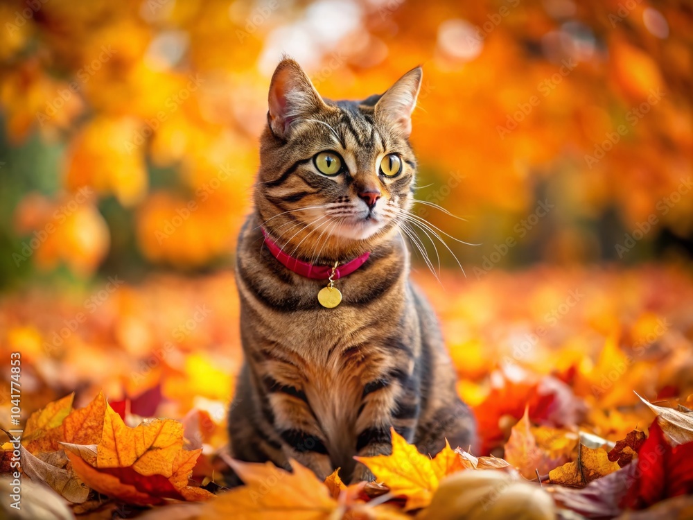 Fototapeta premium Brown Tabby Cat Sitting on Autumn Leaves - Fall Colors and Textures