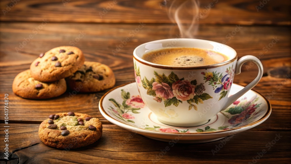 A steaming cup of coffee with delicate floral designs rests on a saucer, accompanied by a cluster of warm and inviting chocolate chip cookies, all set against a rustic wooden backdrop. A steaming cup of coffee with delicate floral designs rests on a saucer, accompanied by a cluster of warm and inviting chocolate chip cookies, all set against a rustic wooden backdrop.