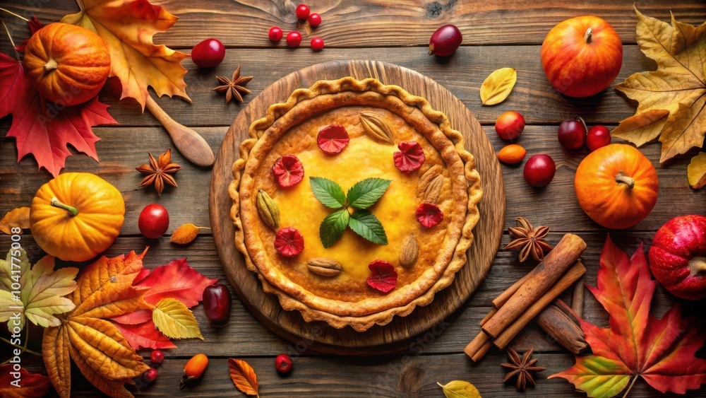 A delectable autumn pie adorned with vibrant fall foliage and spices, a symphony of warm flavors and textures.