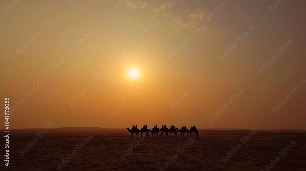 Silhouetted Camel Caravan in the Thar Desert at Sunset with Dramatic Skies Silhouetted Camel Caravan in the Thar Desert at Sunset with Dramatic Skies