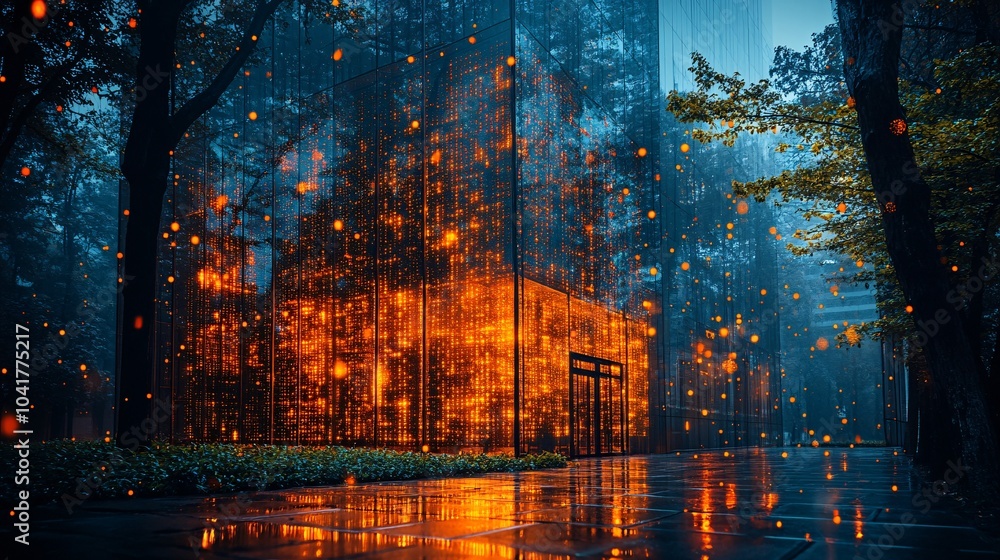 Naklejka premium Digital Glass Office in Cascading Lights