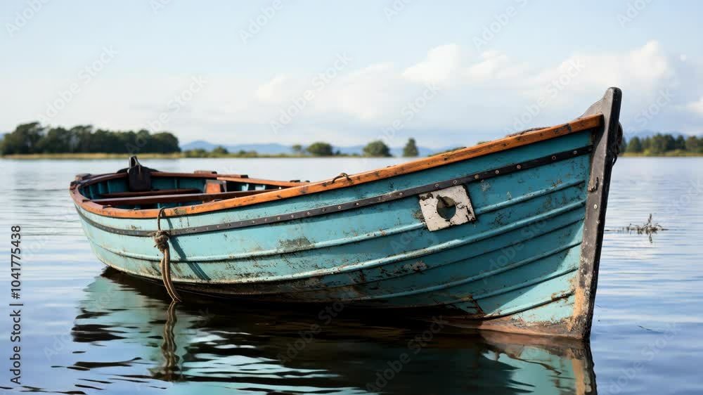 A tranquil wooden boat floats serenely on calm waters in daylight A tranquil wooden boat floats serenely on calm waters in daylight