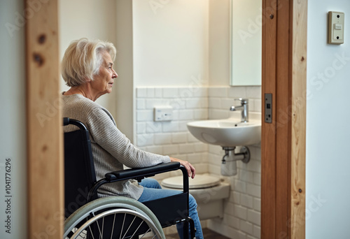 Senior woman in wheelchair in accessible bathroom at home