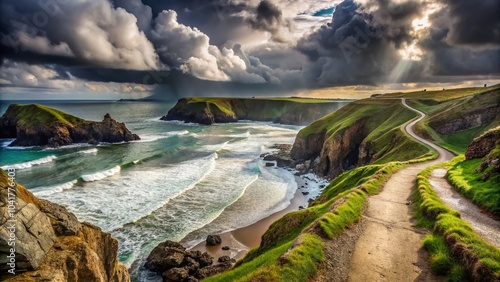 Caerfai Beach Footpath Seascape on a Cloudy Day in West Wales - Urban Exploration Photography photo