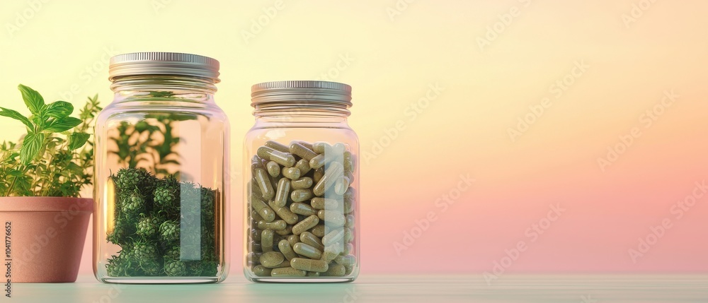 Natural supplements and herbal ingredients in glass jars against a serene background a visual representation of health and wellness Natural supplements and herbal ingredients in glass jars against a serene background a visual representation of health and wellness