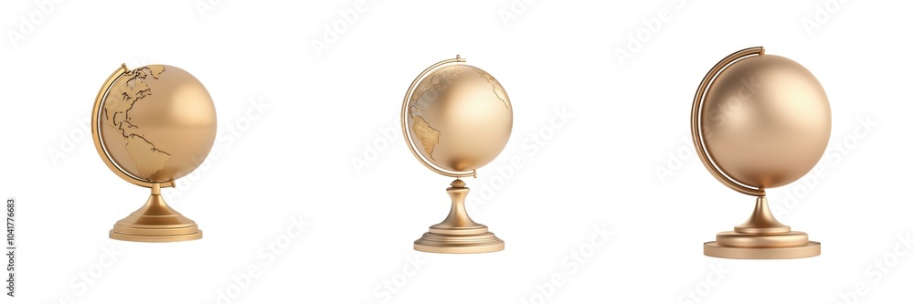 Three elegant golden globes on stands, showcasing a timeless decor style suitable for educational or decorative purposes. Three elegant golden globes on stands, showcasing a timeless decor style suitable for educational or decorative purposes.