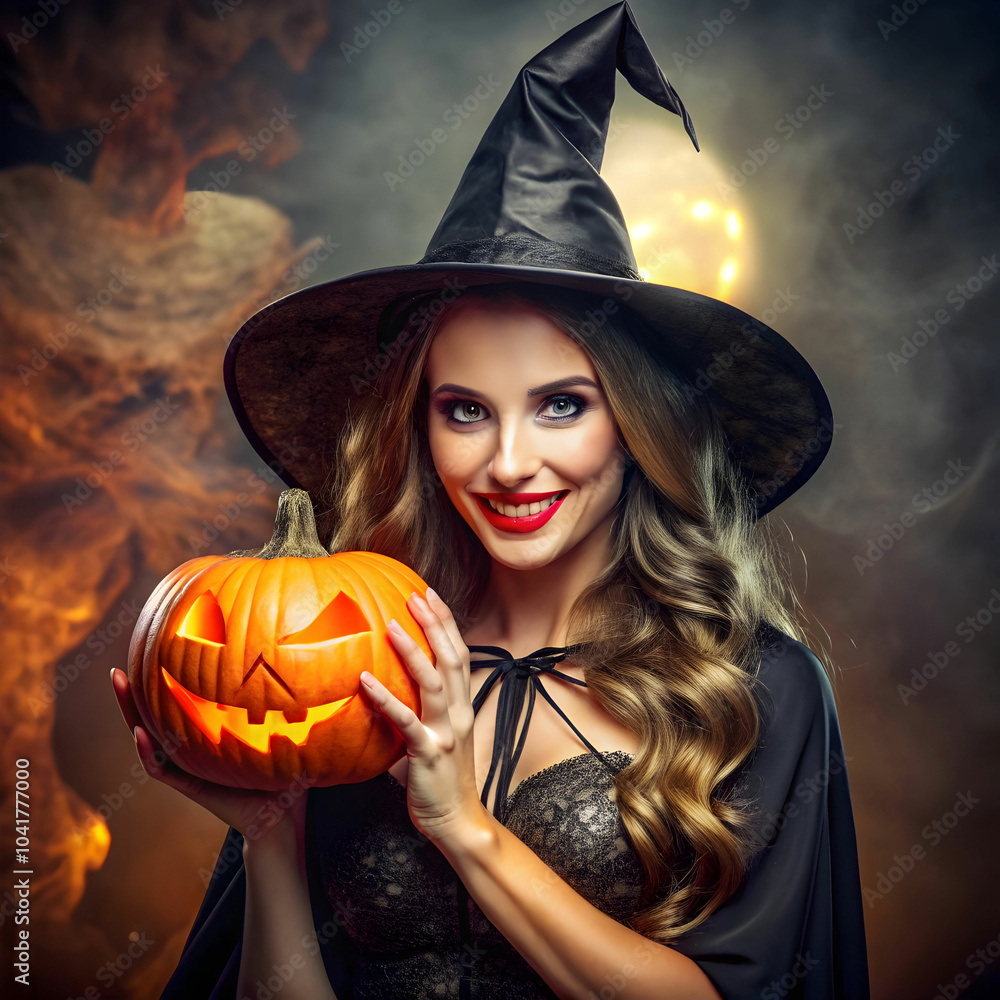 a woman dressed as a witch with a pumpkin in her h a woman dressed as a witch with a pumpkin in her h