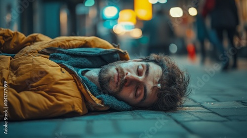 A man is sleeping on the ground in a yellow jacket