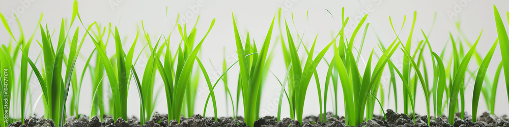 Obraz premium Grass Green Growth: Vibrant green blades of grass emerge from a bed of soil, growing taller and stronger against a soft gray background.
