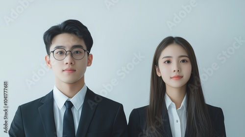 Photo of two young Asian business people on white background