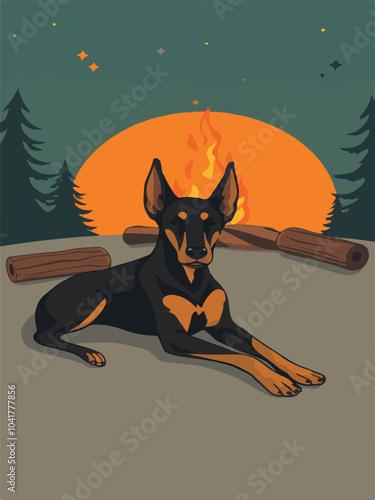 A vector design of a Doberman relaxing in front of a campfire. photo