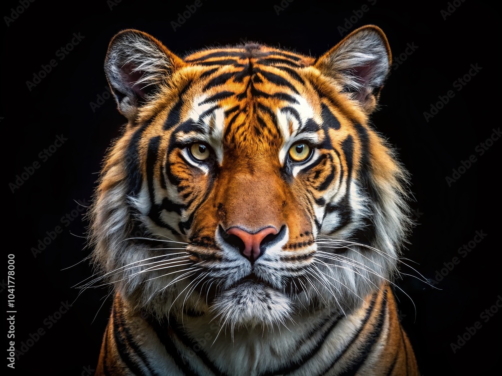 Fototapeta premium Captivating Asian Tiger Face Portrait on Black Background for Stunning Wall Art and Home Decor