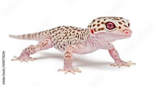 Albino leopard gecko walking slowly across the white background, showcasing its pale coloration and bright red eyes.