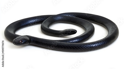 Black mamba snake slithering smoothly, its sleek body highlighted against a white backdrop.