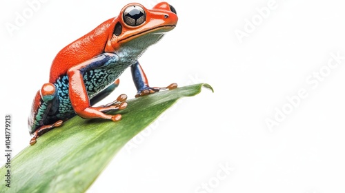 Brightly colored poison dart frog perched on a leaf, showcasing its unique patterns and bright colors on white. photo