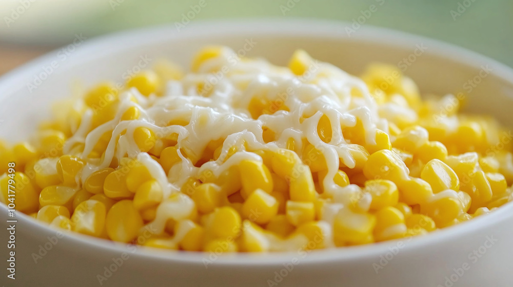 Close-up of a white bowl filled with vibrant yellow corn kernels topped with melted cheese. Close-up of a white bowl filled with vibrant yellow corn kernels topped with melted cheese.
