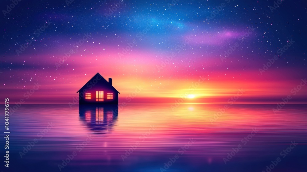 A tranquil house silhouette reflecting on serene water at sunset, promote sustainable living and enhance mental well-being. A tranquil house silhouette reflecting on serene water at sunset, promote sustainable living and enhance mental well-being.