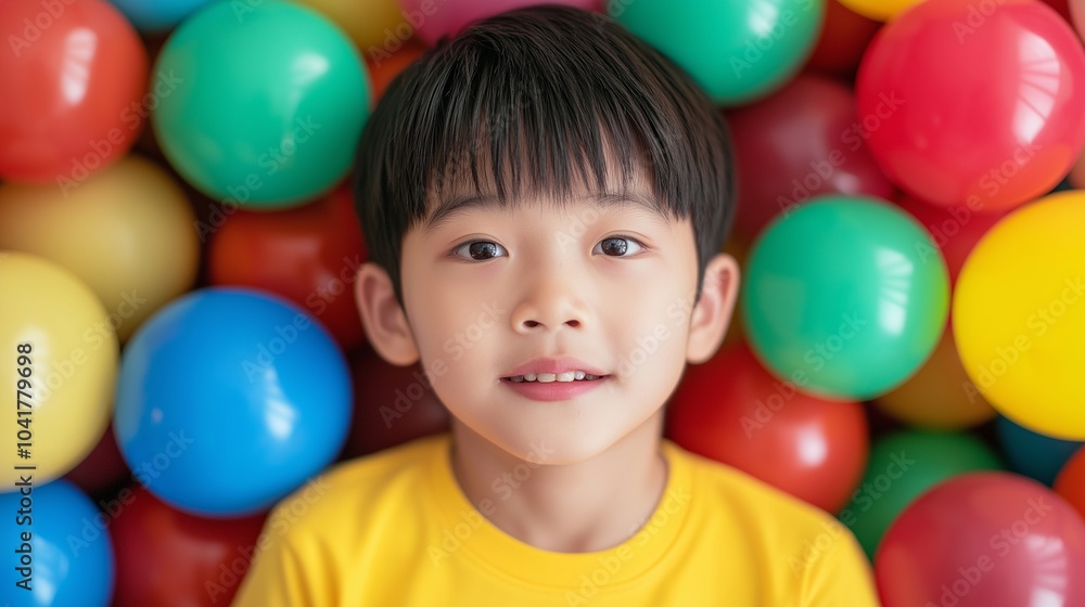 Asian boy with plastic balls around Asian boy with plastic balls around