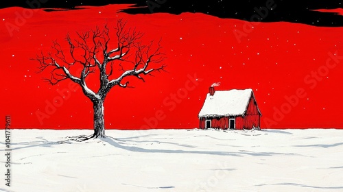 A stark winter scene featuring a bare tree and a quaint house against a bold red sky, set in a snow-covered landscape.