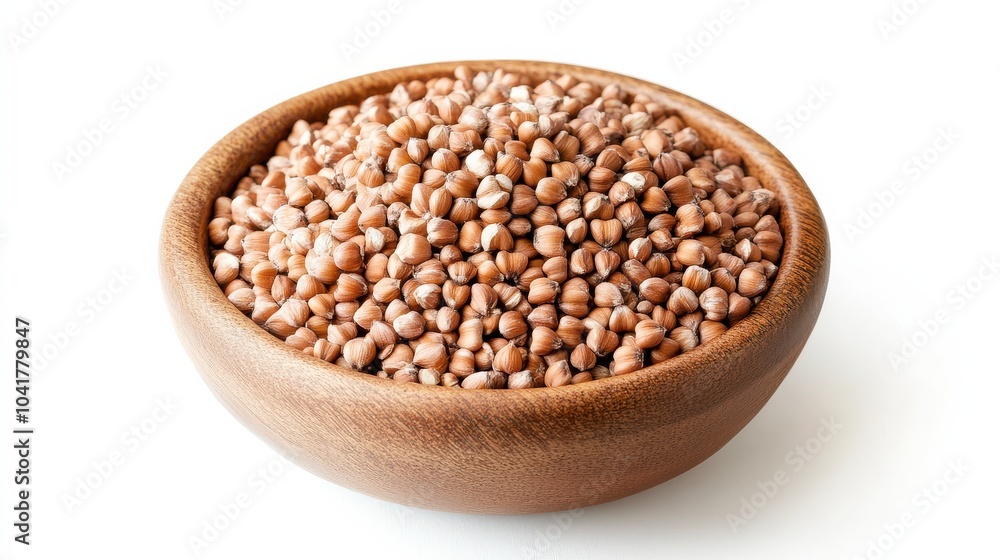 Wooden bowl filled with organic buckwheat groats on white background Wooden bowl filled with organic buckwheat groats on white background