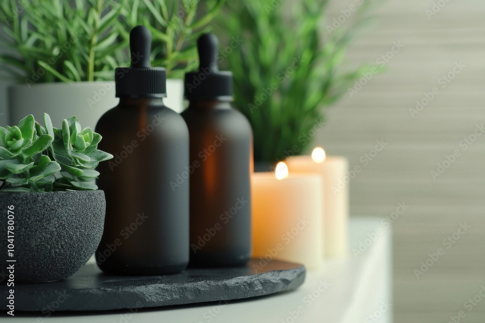 Elegant aromatherapy captivating black bottles surrounded by greenery and soft candlelight for a tranquil atmosphere Elegant aromatherapy captivating black bottles surrounded by greenery and soft candlelight for a tranquil atmosphere