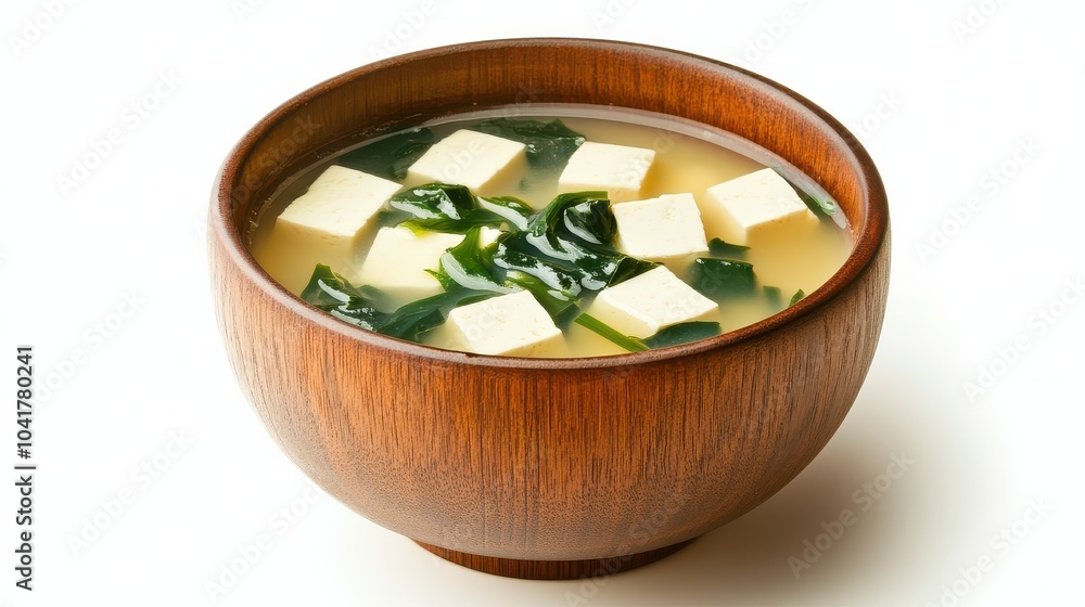 Traditional japanese miso soup with tofu and seaweed in wooden bowl Traditional japanese miso soup with tofu and seaweed in wooden bowl