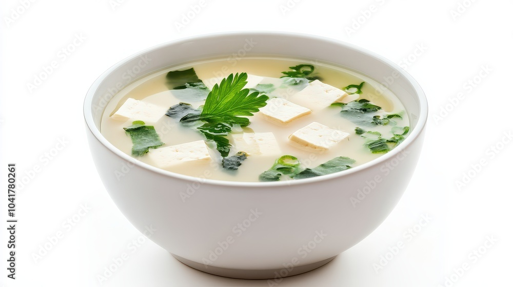 Close-up of flavorful tofu miso soup garnished with fresh spring onions and seaweed in a white bowl Close-up of flavorful tofu miso soup garnished with fresh spring onions and seaweed in a white bowl