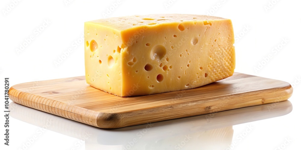 Cheese displayed on a serving board against a white background Cheese displayed on a serving board against a white background