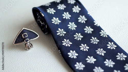 Elegant navy tie with white floral pattern and a unique pilgrim hat tie pin photo