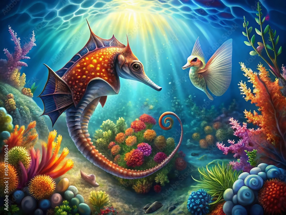 Captivating Seahorse and Mola Ray Illustration for Marine Life Enthusiasts and Nature Lovers Captivating Seahorse and Mola Ray Illustration for Marine Life Enthusiasts and Nature Lovers