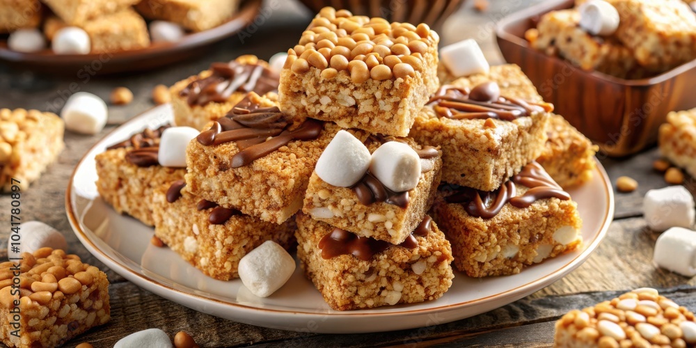 A Delicious Treat of Crispy Rice Cereal Bars Topped with Chocolate and Marshmallows A Delicious Treat of Crispy Rice Cereal Bars Topped with Chocolate and Marshmallows