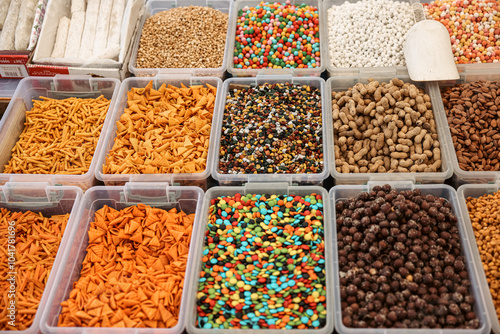 Colorful assortment of traditional Turkish snacks displayed in containers at a local market in Turkey