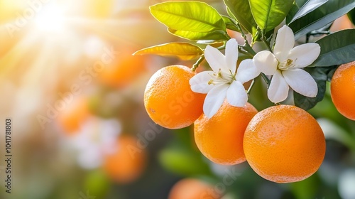 Photograph of a lush orange grove in full bloom with bright orange fruit hanging from the branches against a scenic rural backdrop  The trees are surrounded by verdant foliage bathed in warm sunlight