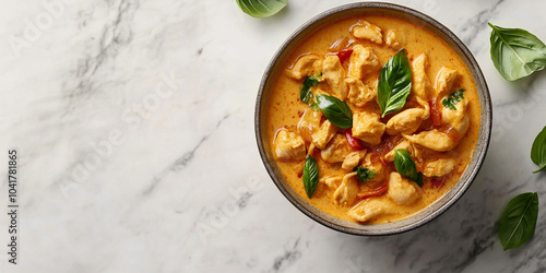 Thai Red Curry with chicken and basil, featuring a rich coconut milk sauce.