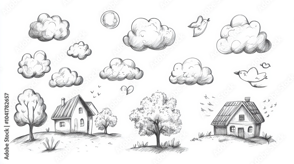 Delight in charming sketches showcasing simple clouds, trees, and houses, all crafted in a quick and playful doodle style. Generative AI Delight in charming sketches showcasing simple clouds, trees, and houses, all crafted in a quick and playful doodle style. Generative AI
