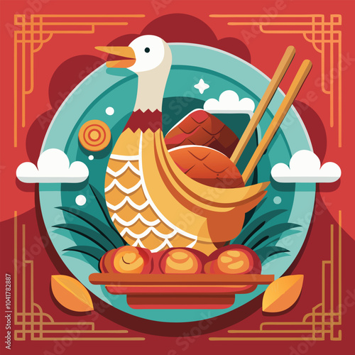 Illustration of Peking duck with chopsticks on a Beijing menu, vector style.